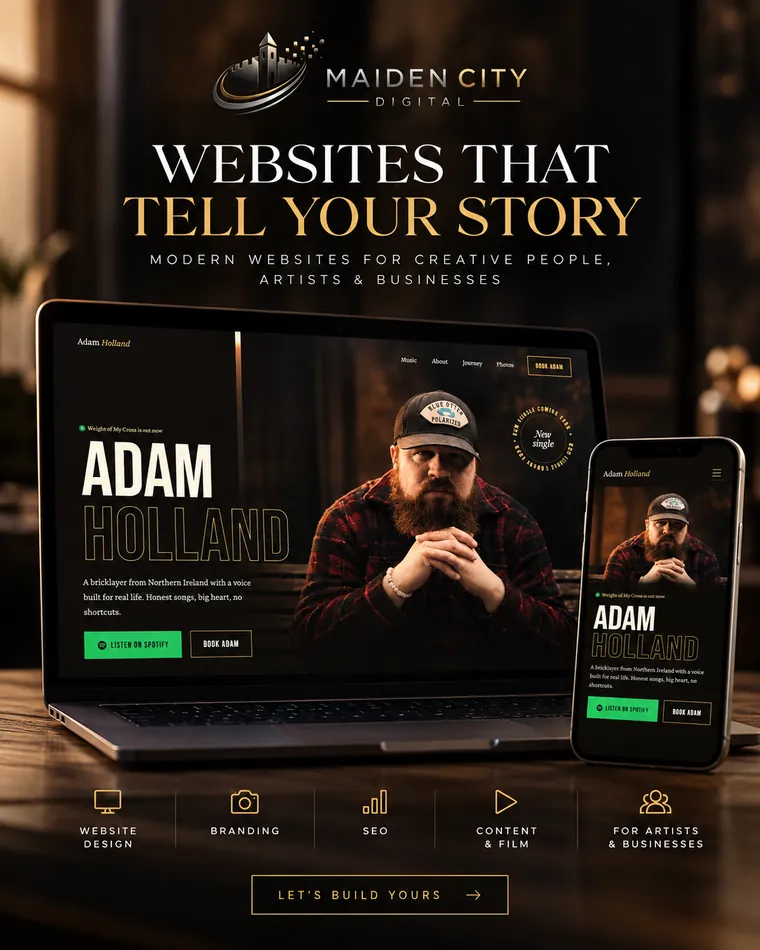 The Adam Holland website, shown on a laptop and a phone