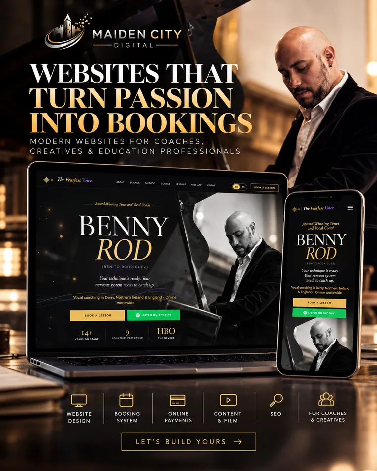 The Benny Vocal Coach website, shown on a laptop and a phone