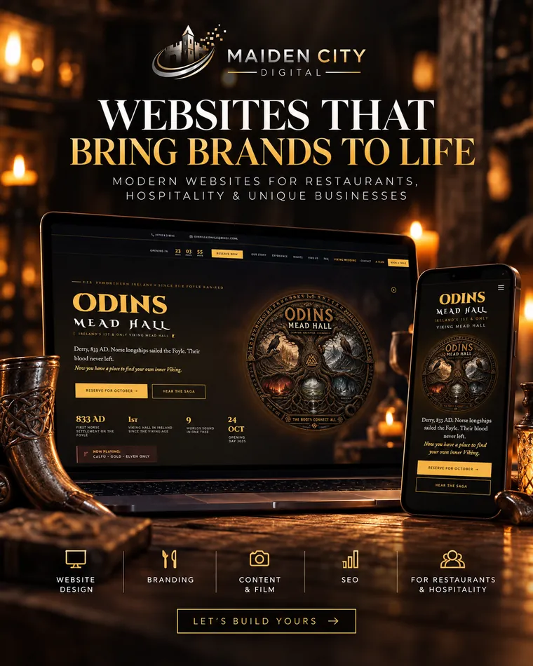 The Odin's Mead Hall website, shown on a laptop and a phone