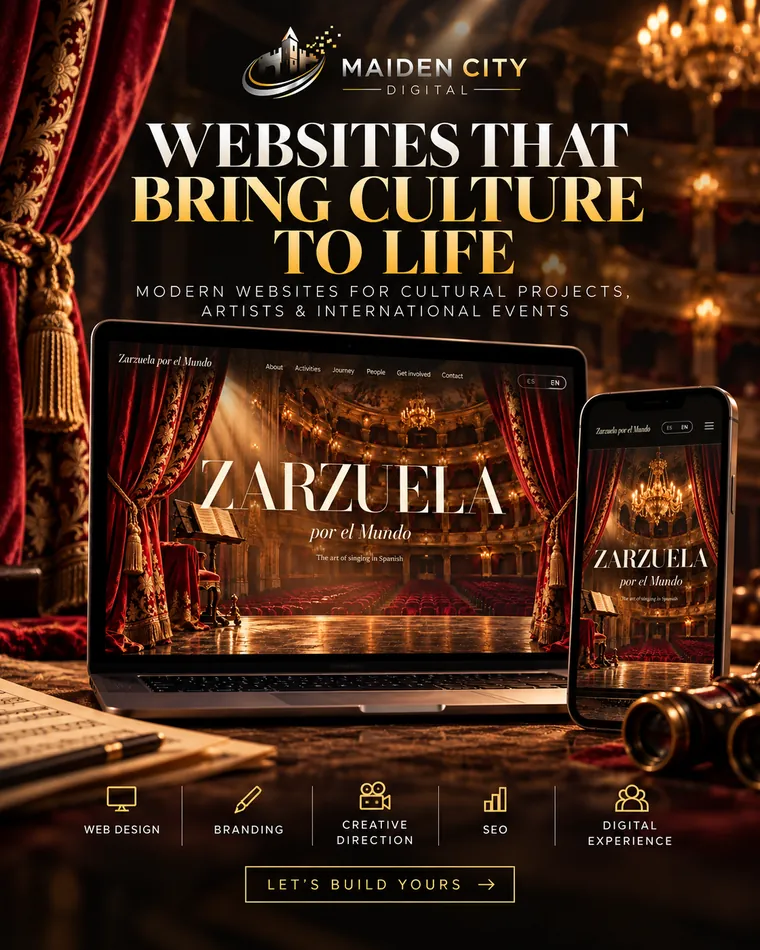 The Zarzuela por el Mundo website, shown on a laptop and a phone