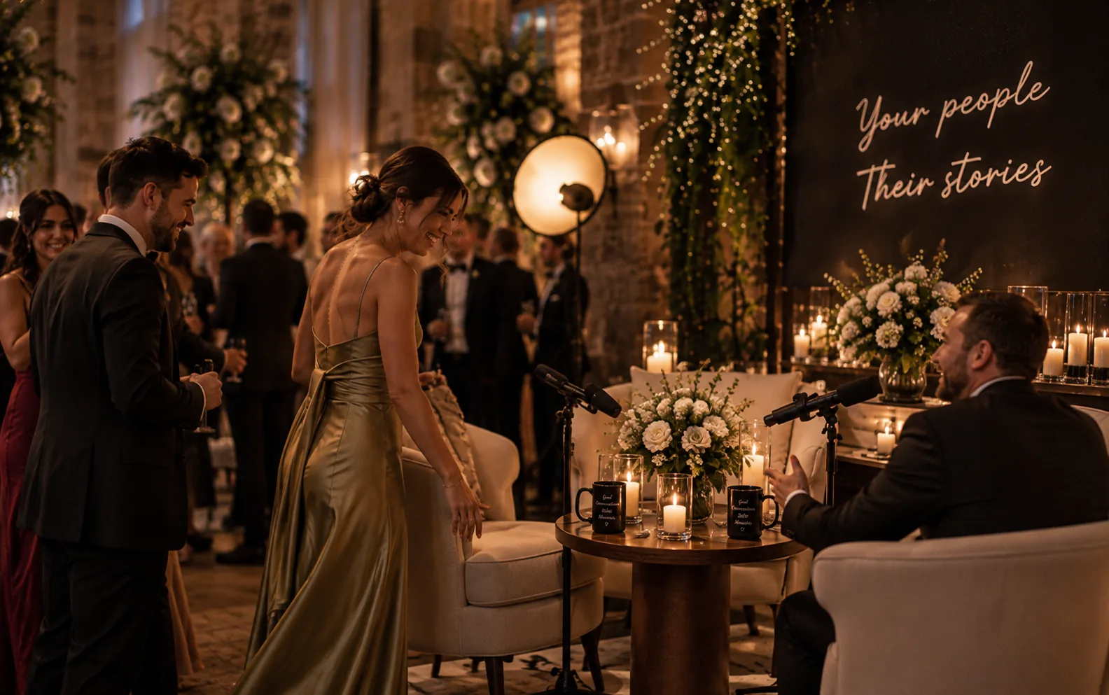 A guest in an olive silk dress sitting down at the wedding podcast set as the host welcomes her