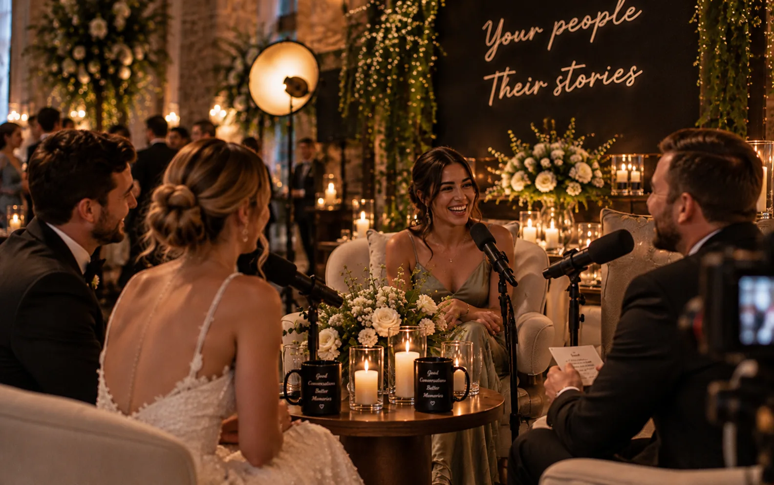 A guest laughing into a microphone as she tells a story, while the bride and groom listen and a camera records