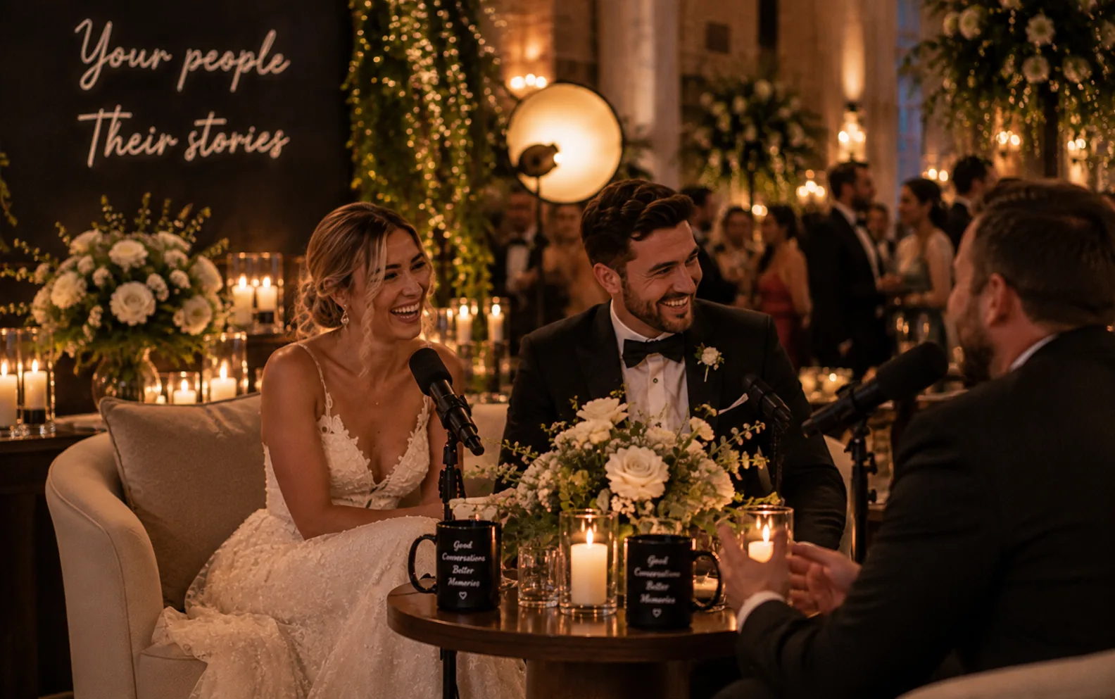 The bride and groom laughing at their microphones during their wedding podcast interview