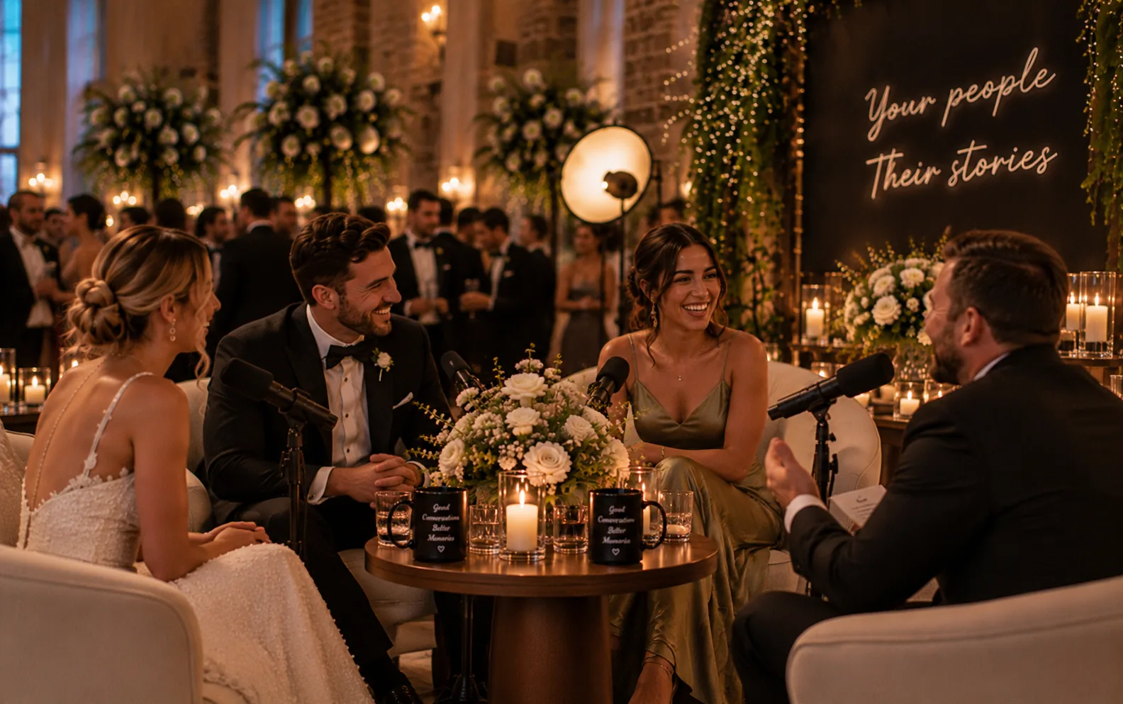 The Wedding Podcast set inside the reception: the couple, a guest and the host around a candlelit table with microphones, flowers and soft lights