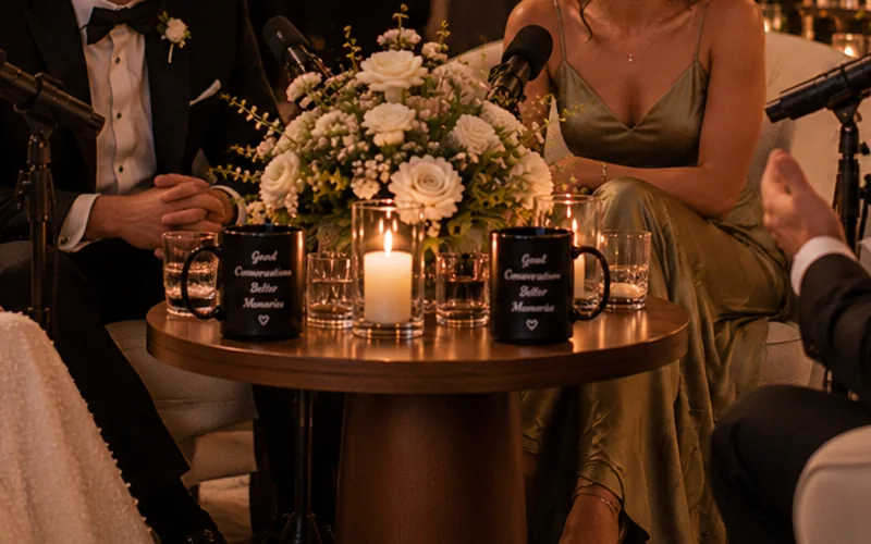 Details on the podcast table: microphones, candles, flowers and mugs printed with Good Conversations, Better Memories
