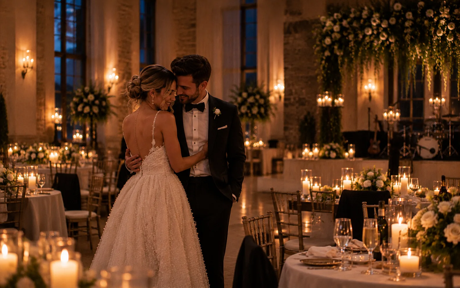 The bride and groom embracing in the quiet, candlelit room at the end of the night